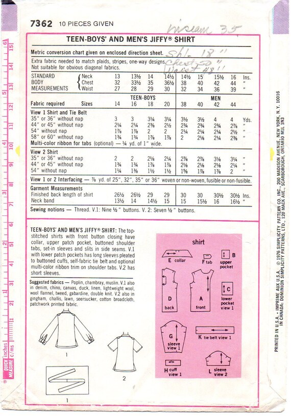 1970's Simplicity 7362 Men's Jiffy Shirts Pattern 42, 44 - Etsy