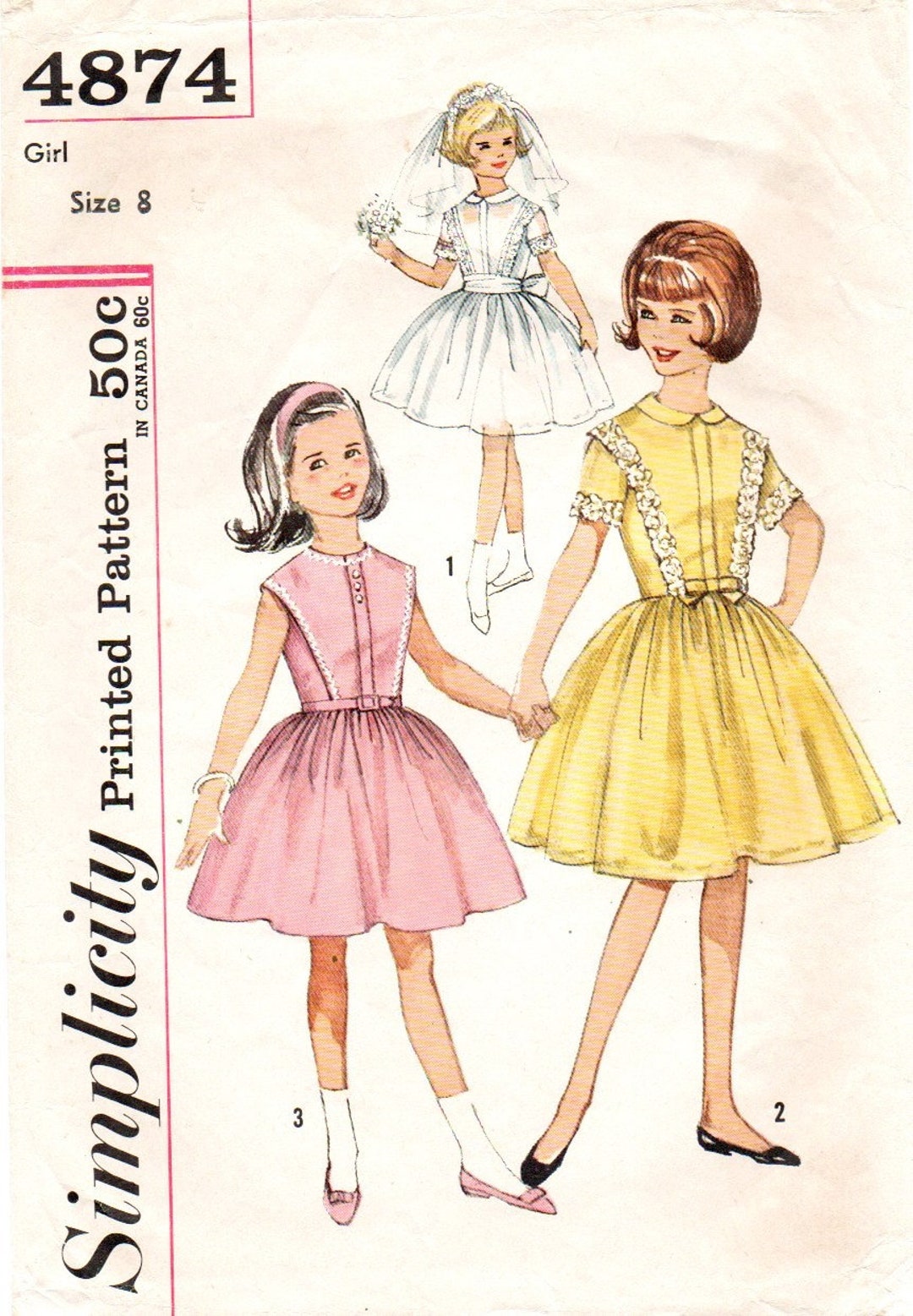 1950's Simplicity 4874 Girls Party Dress With Plastron Vintage Pattern ...