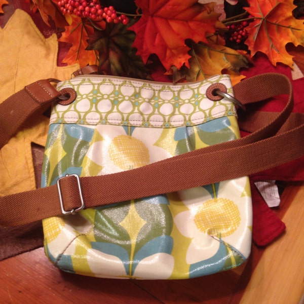 Fossil Turquoise Yellow and Green Coated Canvas Crossbody