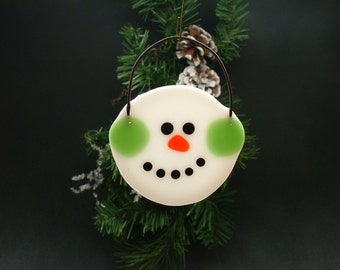 Round fused glass snowman ornament