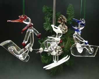 Glass Skier Snowboarder Ornaments, Winter Sports Christmas Tree Decorations