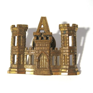 Civil War Era US Army Insignia Pin Brass. Corps of Engineers Company A.  Large Cap .  Cut-out Windows, Gilt Wash