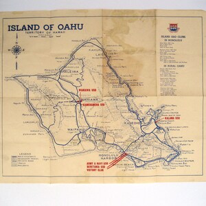 Rzadki rocznik II wojny światowej 1942? Mapa Island USO Clubs of Oahu Leaflet. Terytorium Hawajów. 14" x 17"
