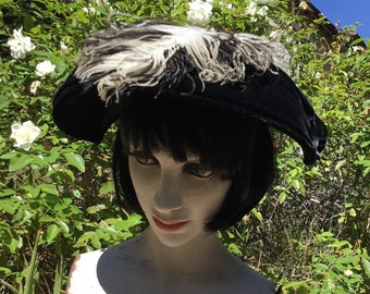 Vintage 50's Black Velvet Ostrich Feather New Look Portrait Hat. Cartwheel, Saucer.