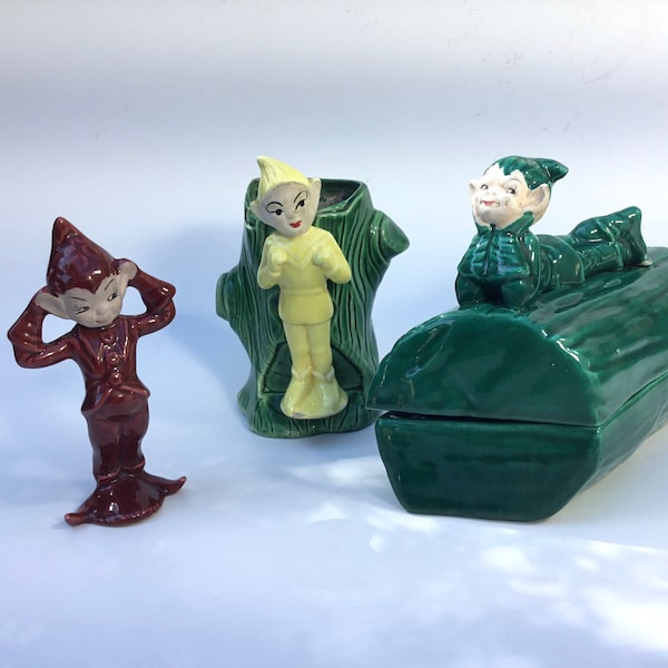 Vintage 50's Ceramic Pixie Lot. Wall Vase, Figurine and Trinket Dish. Gilner