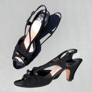 Vintage 50s Rockabilly I Miller Black Suede Peep Toe Cocktail Heels. Size 8