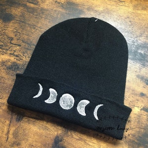 Moon Phases Embroidered Beanie, Adult Winter Hat, Cute Kawaii Aesthetic, Witchy Vibes, Goth Aesthetic, Lunar Moon Phases