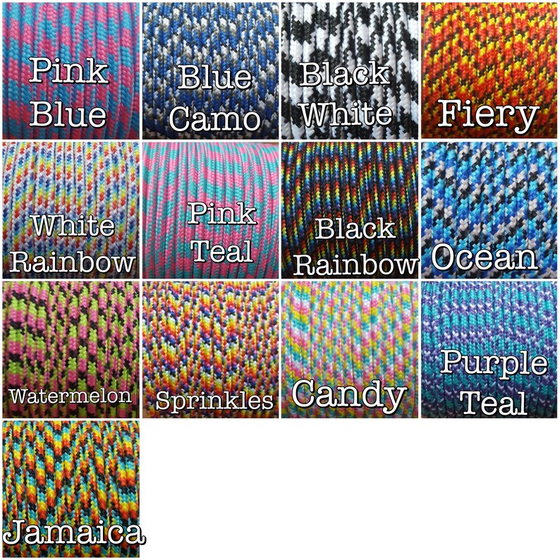 May include: A collection of 12 different paracord colors, including pink, blue, black, white, teal, rainbow, ocean, watermelon, sprinkles, candy, purple, and Jamaica.
