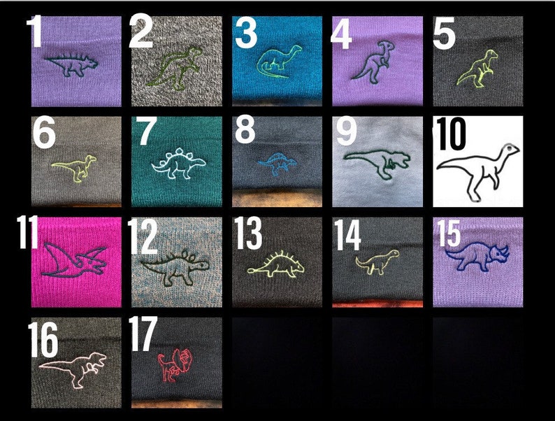 A series of images labeled 1 - 17 to show the different dinosaurs available to choose from to customise your chosen beanie hat colour.