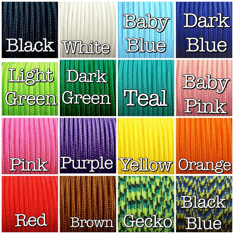 May include: A color chart of 12 different colors of paracord, including black, white, baby blue, dark blue, light green, dark green, teal, baby pink, pink, purple, yellow, and orange. The paracord is arranged in a grid of four rows and three columns. The last row includes a black and blue paracord with a gecko pattern.