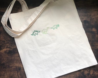 Dinosaur Embroidered Tote Bag, Dinosaur Shopping Bag, Ecofriendly Reusable Bag, Sustainable Living, Cotton Tote Bag