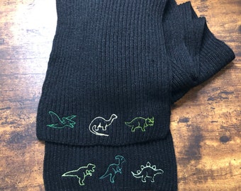 Dinosaur Embroidered Scarf, Adult Black Winter Scarf, Cute Kawaii Aesthetic