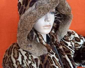 Real  fur coat jacket leopard printed sheared cony with hood