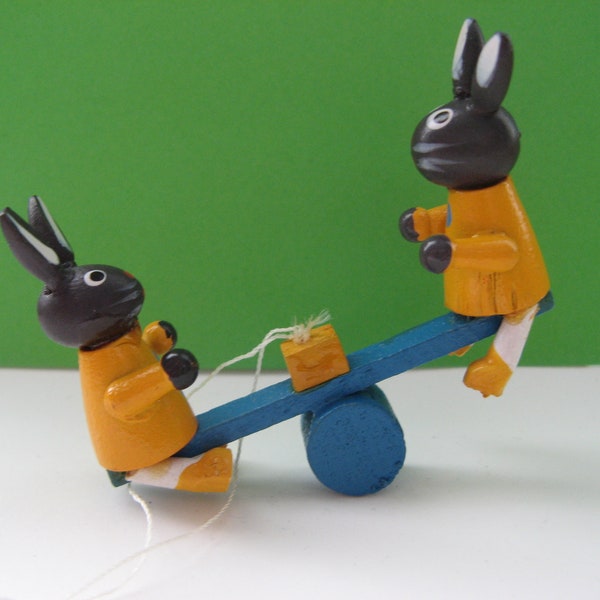 Easter wooden rabbit ornament; two rabbits on a seesaw, vintage, miniature,handmade, handpainted