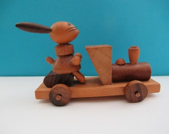 Miniature wooden rabbit figurine; in locomotive, Goula Spain,vintage, plain wood, handmade, Easter