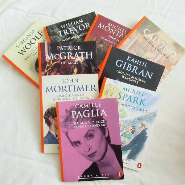 Mini Penguin 60s books: vintage, W.Trevor, Virgina Woolf, M.de Montaigne, Calvino, P.Mcgrath,Kahlil Gibran,J. Mortimer,Muriel Spark,C.Paglia