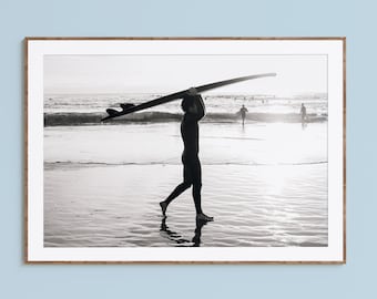 Black and White Sunset Surfer Photography, California Beach Wall Art, Coastal Ocean Print, Framed Fine Art Print