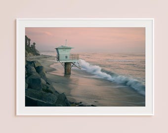 Cardiff Lifeguard Tower Print, Pipes Beach, Tower 19 Beach Photography, Framed California Coastal Wall Art, Sunset Ocean Print