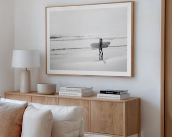 Black and White Surfer Print: Del Mar Beach Coastal Art, Framed Surf Photography