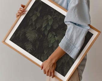 Dark Green Fern Botanical Print: Moody Forest Nature Photography