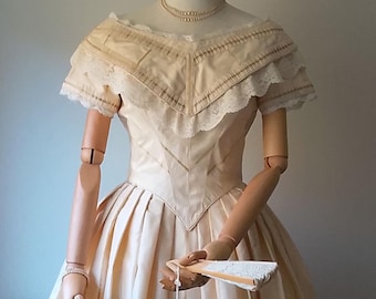 1840s Victorian Replica Silk Ballgown, 36" Bust, Handsewn