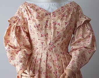 Early Victorian Replica Day Dress in Printed Cotton, Handsewn