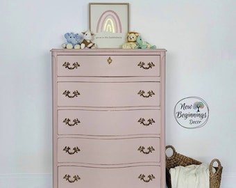 SOLD EXAMPLE...Painted Pink French Provincial Chest of Drawers, French Country Style, Dresser for Nursery, Floral bedroom furniture, armoire