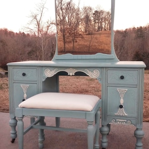 SOLD EXAMPLE of my work......Annie Sloan Chalk Paint Antique Vanity with Stool/Bench and Mirror Furniture/Make-Up/ Dressing Table
