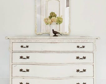 SOLD EXAMPLE.....Annie Sloan Shabby Chic chalk painted Chest with mirror Old White/Dresser/Changing Table/Nursery/Storage/Entry Piece/Buffet