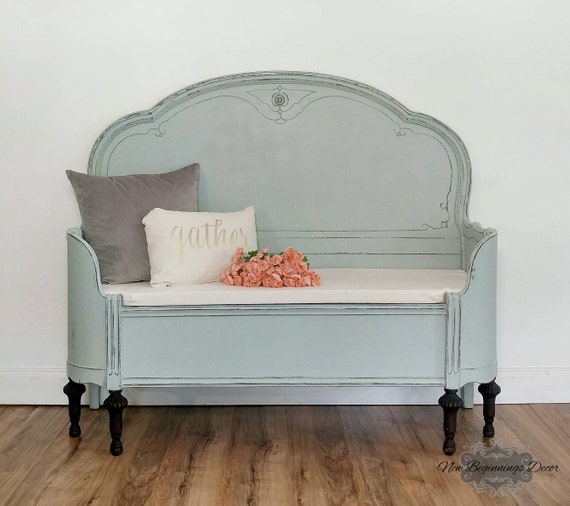 Sold Example Annie Sloan Chalk Painted Entryway Bench Custom Made From Antique Headboard And Curved Footboard Bedroom Furniture