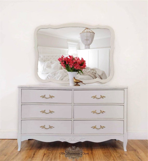 Chalk Painted Vintage Bassett Dresser With Mirror Shabby Chic Nursery Entryway Bedroom Furniture Soft Gray French Provincial Serpintine