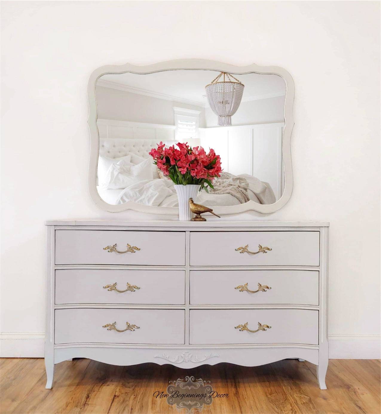 Chalk Painted Vintage Bassett Dresser With Mirror Shabby Chic Nursery Entryway Bedroom Furniture Soft Gray French Provincial Serpintine