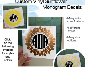 Puede incluir: Tres calcomanías personalizadas de girasol de vinilo con las letras MPA, ADA y MAP. Las calcomanías están disponibles en varios colores y tamaños.