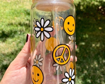 Flower Smiley Face Peace Sign Glass cup, Smiley Iced Coffee Glass, Peace & flowers Glass cup, Cold drink Glass, Bridal Shower Gift, birthday