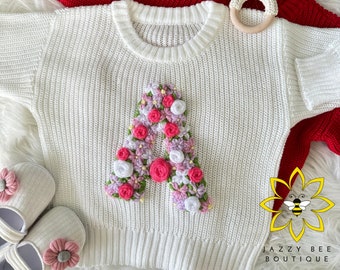 Personalized Hand Embroidered sweater, Custom Floral Initial baby sweater, Hand Embroidered toddler sweater, Hand Embroidered kids sweater