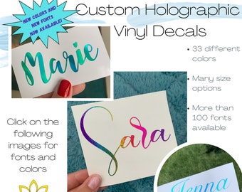 Decalque de vinil holográfico com nome personalizado - decalque de vinil, decalque de vinil personalizado, decalque com seu nome, personalize seu próprio decalque, decalque para copo.