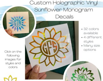 Puede incluir: Tres calcomanías de vinilo holográfico con monograma de girasol en diferentes colores. Las calcomanías presentan un girasol con un círculo en el centro para un monograma. Los monogramas son "GTA", "GFS" y "SML".