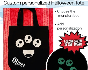 Halloween Canvas Tote bag, Glow in the dark monster Halloween tote bag,  Trick or treat bag, Canvas bag, Personalized tote, Halloween tote