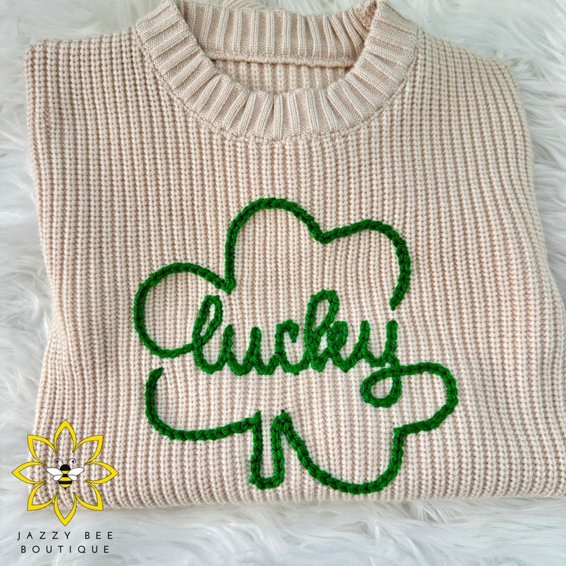 Hand Embroidered St. Patrick's Day Lucky Clover sweater, Baby sweater, Embroidered toddler sweater, Kids sweater, Lucky Clover Kids sweater image 4