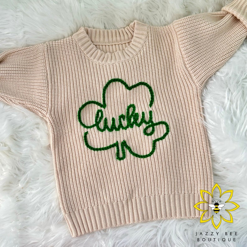 Hand Embroidered St. Patrick's Day Lucky Clover sweater, Baby sweater, Embroidered toddler sweater, Kids sweater, Lucky Clover Kids sweater image 3