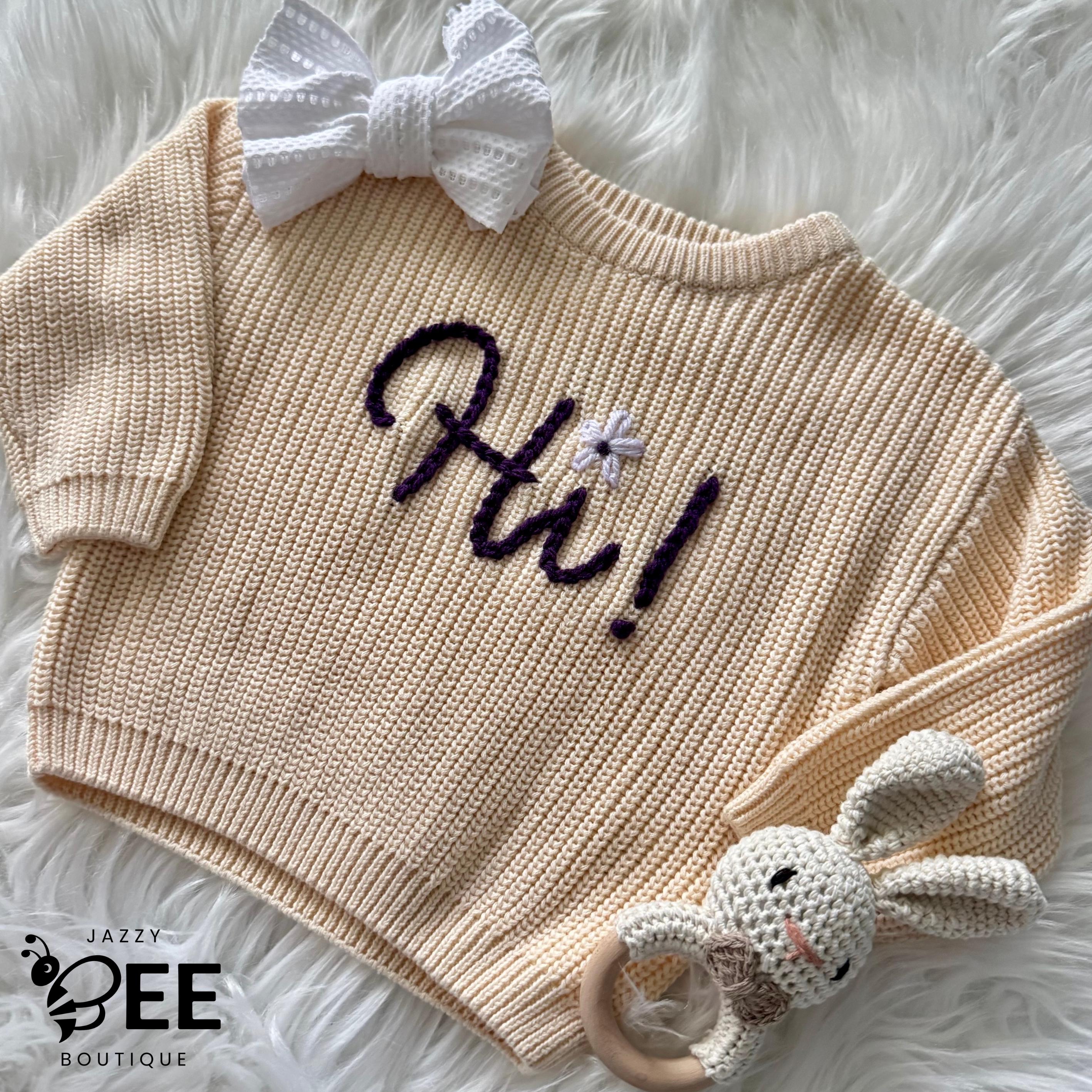 Newborn Hi! I'm new here! Hand Embroidered knit cotton sweater for baby, toddler.