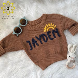 Personalized Hand Embroidered sweater with half sun, Custom name baby sweater, Hand Embroidered name sweater, Embroidered kids name sweater