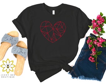 Camiseta de corazón de mosaico, camiseta de corazón geométrico, camiseta de San Valentín, camiseta de corazón, camiseta de corazón, camiseta de San Valentín, camiseta de corazón moderno