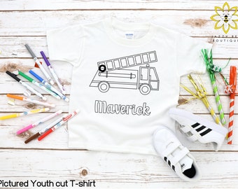 Custom Personalized Fire Truck coloring shirt for kids, Color your own shirt, Personalized coloring shirt, Personalized Fire engine shirt