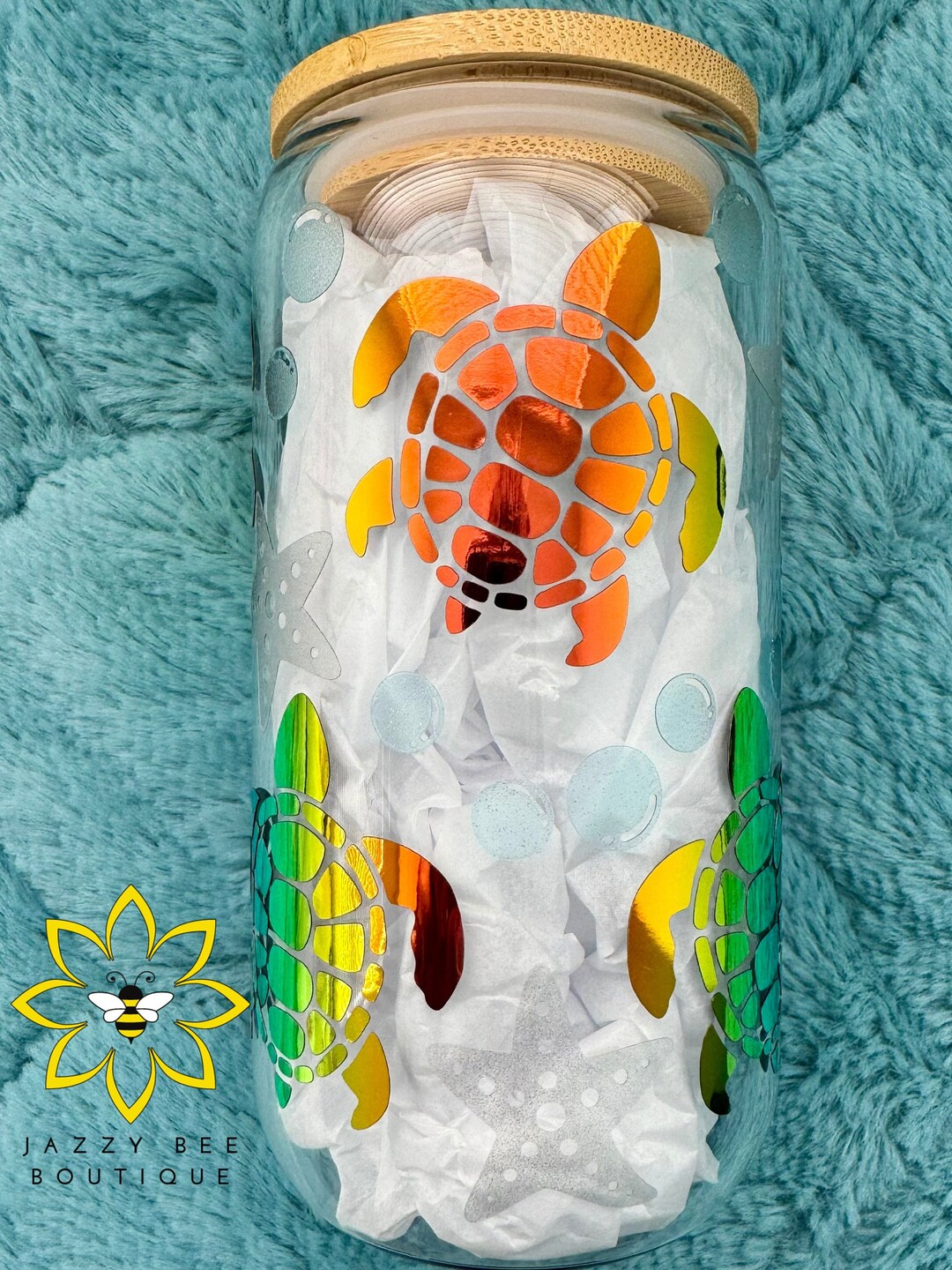 Sea Turtles Glass Cup, Holographic Design Iced Coffee Glass, Sea ...