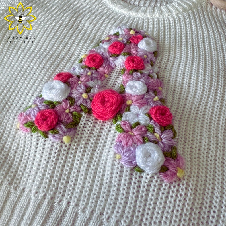 Personalized Hand Embroidered sweater, Custom Floral Initial baby sweater, Hand Embroidered toddler sweater, Hand Embroidered kids sweater image 4