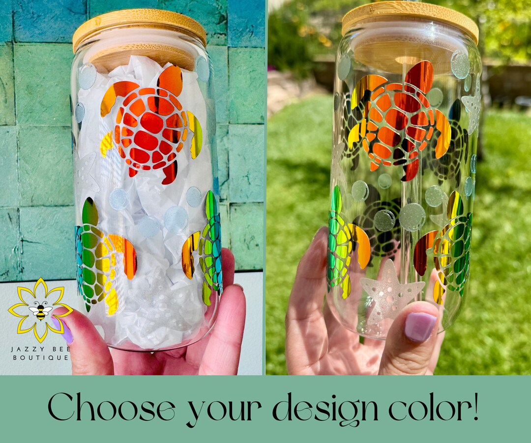 Sea Turtles Glass Cup, Holographic Design Iced Coffee Glass, Sea ...