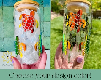 Sea turtles Glass cup, Holographic design Iced Coffee Glass, Sea turtles and sea stars glass cup, Cold drink Glass, Bridal Shower Gift