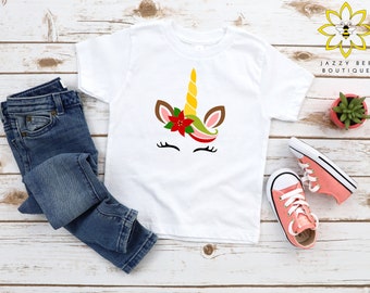 Girls Christmas Unicorn shirt, Christmas shirt, Poinsettia Unicorn shirt, Holiday shirt for girls, Christmas graphic tee, Christmas Unicorn