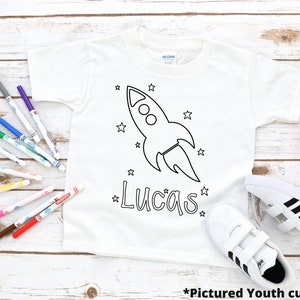 Custom rocket ship coloring shirt for kids, Color your own shirt, Personalized coloring shirt, Rocket shirt, Rocket tee, Rocket ship tee